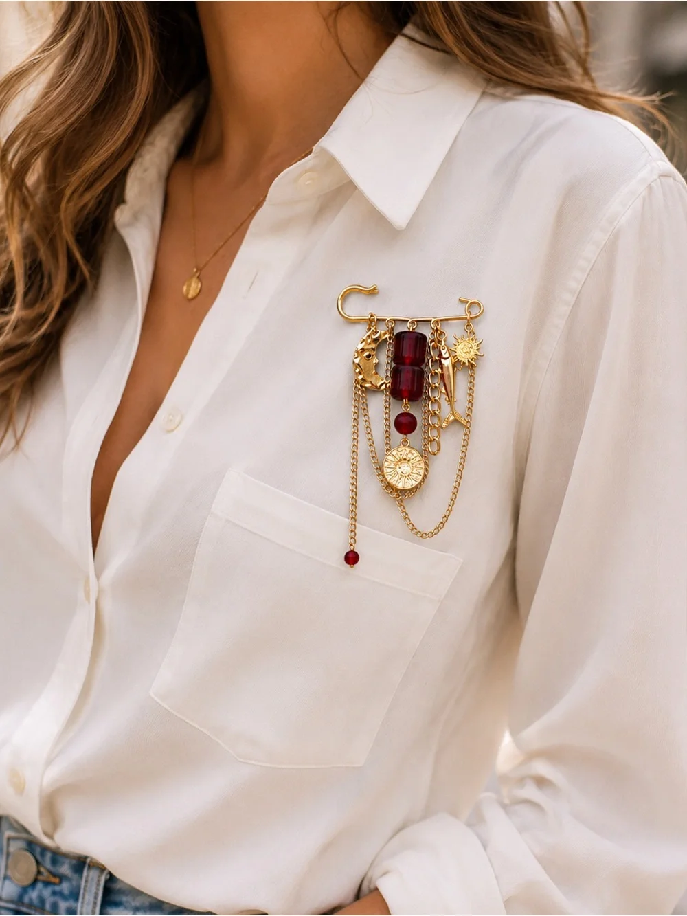 Gold multi Chain Charm Brooch Pin